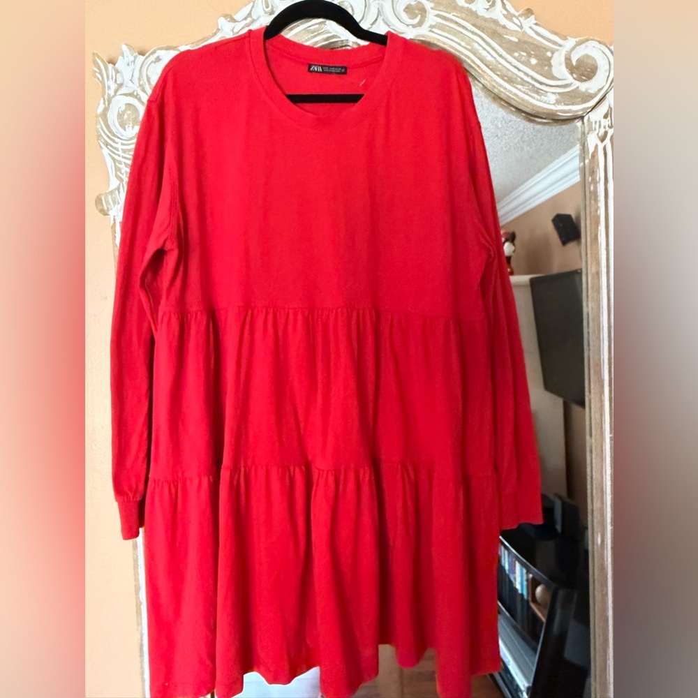 Zara Red Long Sleeve Tiered Dress